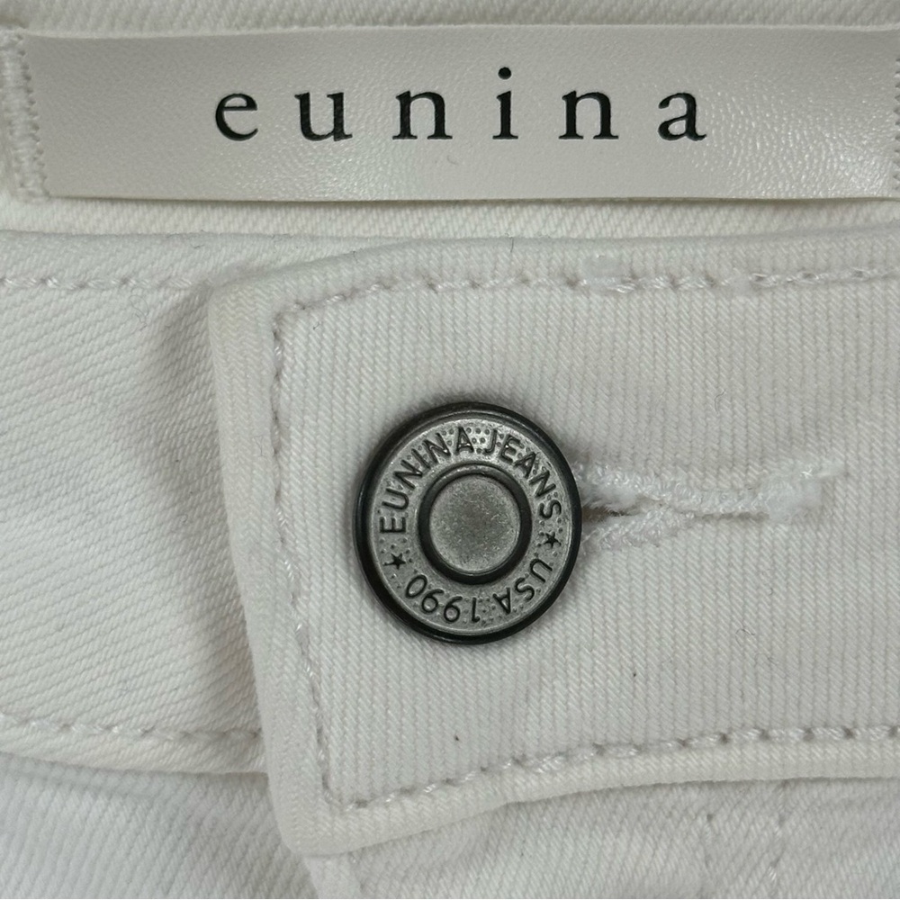 Eunina Ally Women Ultra High Rise 9 White Crop Jeans Distressed Hem Y2K Boho - Picture 4 of 11